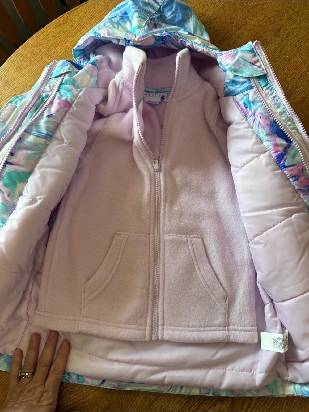 NWT Place Girls'  3 in 1 Marble-Print Hooded Puffer Jacket in Pink, Blue, Mint - Picture 2 of 6